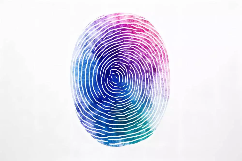 A colorful fingerprint on a pristine white background.