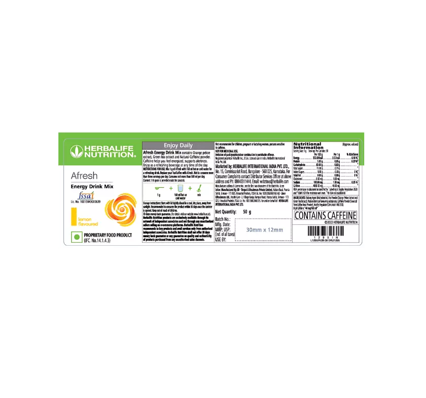 A label for Afresh Energy Drink Mix nutritional supplement.