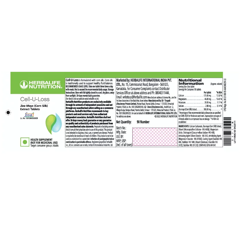 A label for a Cell-U-Loss nutritional supplement.