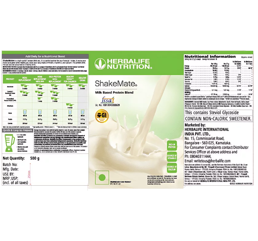 The nutritional label for a carton of ShakeMate milk.